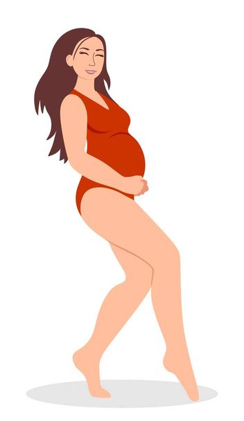 Embarazo. Un cartel moderno con una linda mujer embarazada en un traje de baño rojo. Ilustración vectorial - Vector, imagen