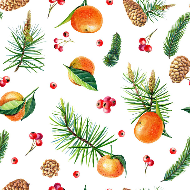 Watercolor Christmas seamless pattern with tangerine, Holly, leaves, berries - Фото, зображення