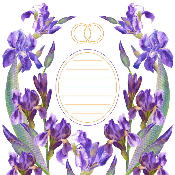 Aquarellrahmen iris mit Verlobungsringen. Glückwunsch zur Heirat - Foto, Bild