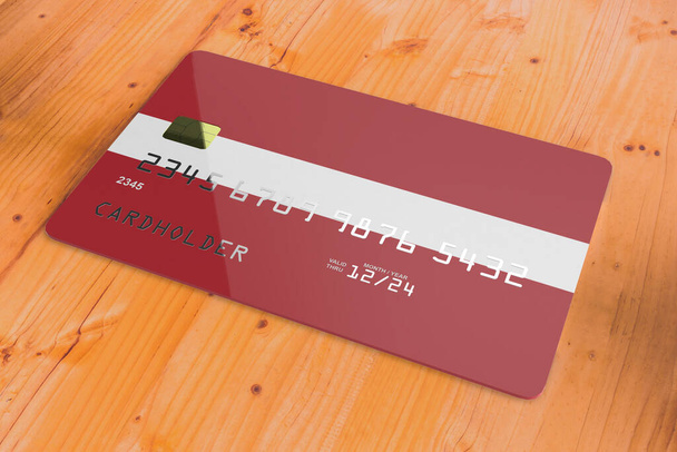 Plástico de crédito ou cartão de débito bancário com bandeira do país da Letónia sistema bancário nacional isolado na mesa de madeira close up conceito de imagem de renderização 3d - Foto, Imagem