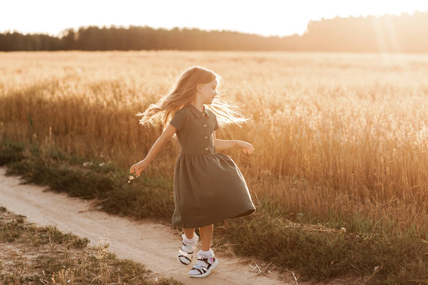 Kaunis pieni tyttö, jolla on pitkät hiukset kävelemässä vehnäpellon läpi aurinkoisena päivänä. Ulkomuotokuva. Lapset rentoutuvat. - Valokuva, kuva