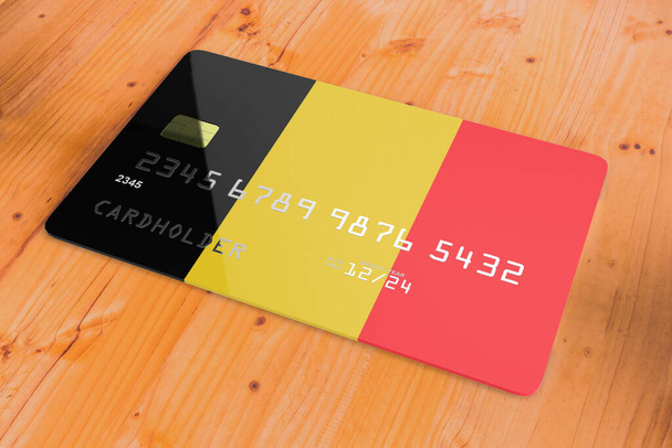 Plastic creditcard of bankkaart met landvlag van België nationaal banksysteem geïsoleerd op houten tafel close-up concept 3d weergave beeld - Foto, afbeelding