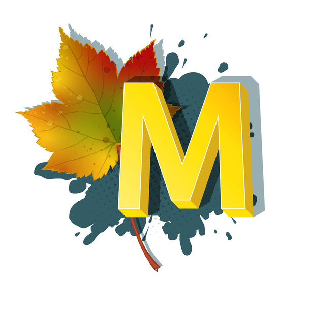 Autumn 3D pop art alphabet, colorful bold letter M and maple leaf on a halftoned and spotted background. Multilayer funny vector letters in retro comic style for websites, posters, comics and banners. - Vector, Image