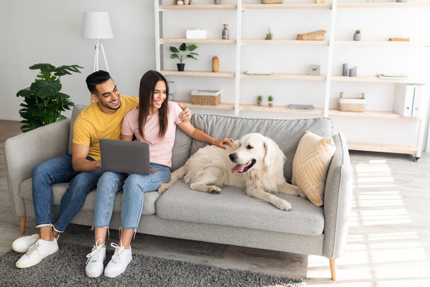 明るく若い多人種のカップルは、ラップトップでソファに座って、自宅で犬を撫でて、スペースをコピーします - 写真・画像