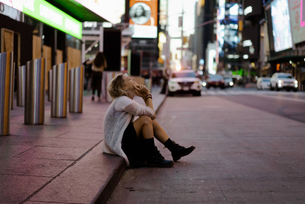 New York Manhattan Times Square, young beautiful woman tourist. - Фото, изображение
