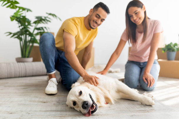 ホーム移転。正の若い多人種のカップルが引っ越しの日に新しい家で犬を撫でて、選択的な焦点 - 写真・画像