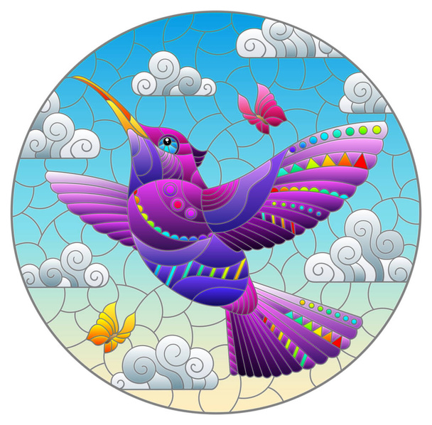 Una ilustración en el estilo de una vidriera con un brillante colibrí de dibujos animados sobre un fondo de cielo azul y nubes, imagen oval - Vector, Imagen