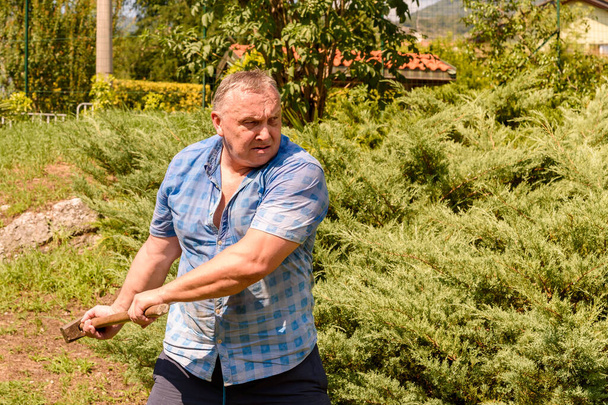 Muscular mature man with hammer in the garden. - Photo, Image