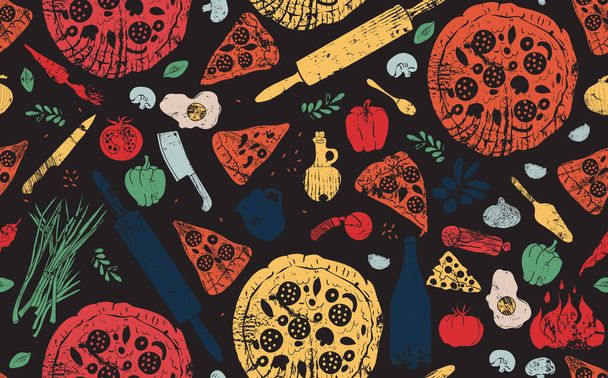 Seamless Pattern with Hand Drawn Grunge Pizza, Ingredients and Kitchen utensils isolated on black Background. Vector illustration. Can be yoused for social media, restaurant identity, interiour decorating, Pizzeria advertising. - Vector, imagen
