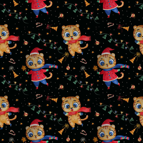 Безшовний візерунок з милими тиграми. Різдвяна тварина в зимовому одязі на чорному тлі з різдвяним декором, гірляндами, ялинками та кульками. Акварель. Ілюстрація для новорічних дітей
 - Фото, зображення