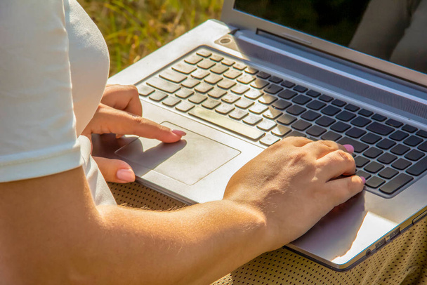Dziewczyna w białej koszulce pracuje na laptopie, bez laptopa w biurze, pracuje w dowolnym miejscu na świecie. - Zdjęcie, obraz
