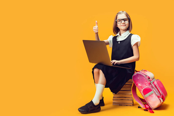 Full length smiling pupil sits on the stack of books with laptop shows thumb up. Kids education. - Valokuva, kuva