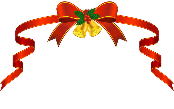 Red wrapping ribbon with Christmas bells and holly - Vector, Image