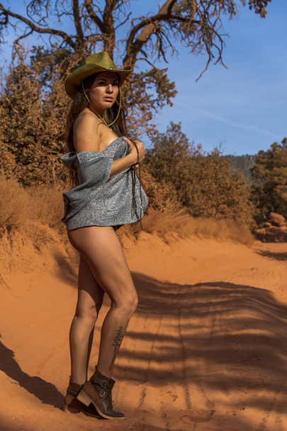 A beautiful hispanic woman poses nude in the Arizona desert - Фото, зображення