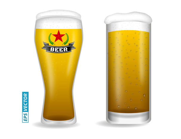 σετ ρεαλιστικών ποτηριών μπύρας που απομονώνονται ή κάθετα κλείνουν γεμάτο ποτήρι μπύρας με φούσκα. διάνυσμα eps - Διάνυσμα, εικόνα