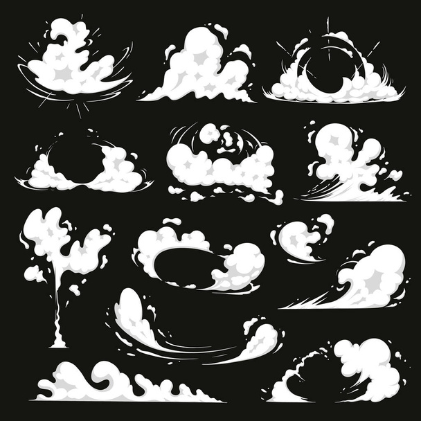 Juego de efectos de explosión cómica. Nube de humo de polvo vectorial, soplo, niebla, niebla, vapor acuoso, explosión de energía de dibujos animados y chispas de velocidad de movimiento. Elemento Clipart para animación. Efectos visuales para el juego, impresión, promoción - Vector, Imagen