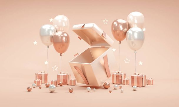 3d representación de caja de regalo abierta ver el interior y globos mini elemento de confeti de regalo y brillante estrella en el fondo en tema de oro rosa - Foto, imagen