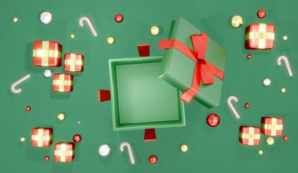3D Renderelés koncepciója karácsonyi ajándék háttér. Lapos feküdt nyitott ajándék dobozok felső nézet mutatja üres helyet belül kis ajándékok, cukorkás dobozok és díszek a háttérben. 3D Render. 3d illusztráció. - Fotó, kép