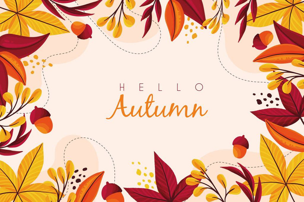 hello autumn with leaves hand drawn background design illustration - Вектор,изображение
