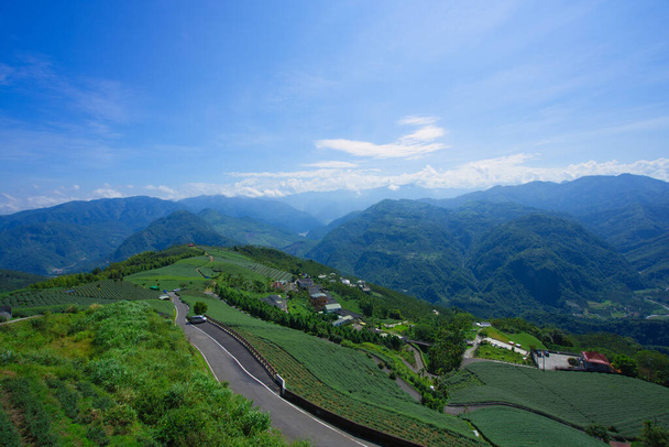 A hegytetőn lévő teaültetvényeket gyakran borítják felhők és köd. Bihushan Tea Garden, Meishan kerület. Chiayi megye, Tajvan. 2021. szept. - Fotó, kép
