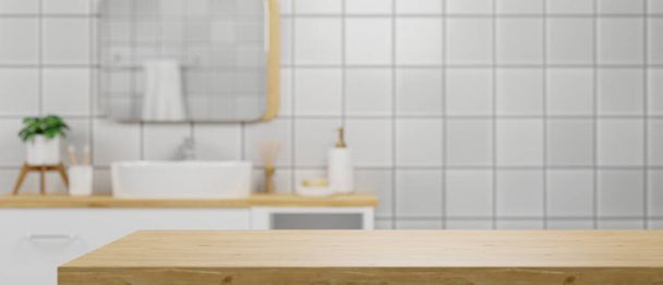 Leere Holztischplatte zur Produktpräsentation über modernem minimalistischen Badezimmerhintergrund mit Waschbecken, Schrank, Spiegel und Dekor. 3D-Darstellung, 3D-Illustration - Foto, Bild