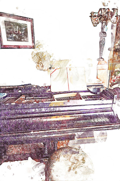 piano à queue noir dans chambre classique blanche, intérieur, vieux, médiéval vieille histoire art illustration rétro vintage antique croquis - Photo, image