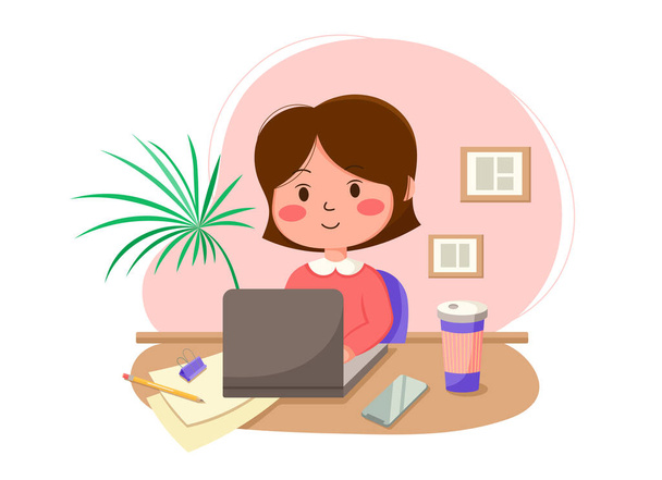 Cute young girl sitting at a table in front of a laptop. Vector illustration of freelance, online study, remote work and education. A girl with a short haircut works at a laptop on a pink background. - Vector, Image