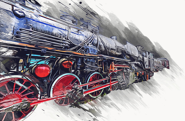Locomotiva a vapore guida attraverso il deserto, arte, illustrazione, disegno, schizzo, antico, retrò, vintage. - Foto, immagini