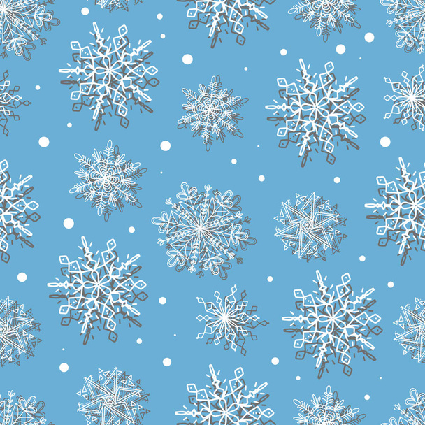 冬のデザインのための青の背景に白い雪の結晶の美しいパターン。クリスマスの新年のコレクション。結晶雪片の凍結シルエット。モダンなデザイナーズアパートメント。休日の壁紙. - ベクター画像