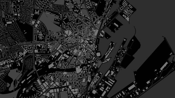 Koyu siyah Aarhus Şehri alan vektör arkaplan haritası, sokaklar ve su haritası çizimi. Geniş ekran oranı, dijital düz tasarım sokak haritası. - Vektör, Görsel
