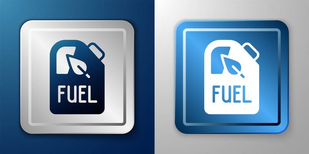 White Bio fuel canister icon isolated on blue and grey background. Eco bio and barrel. Green environment and recycle. Silver and blue square button. Vector - Vector, Image