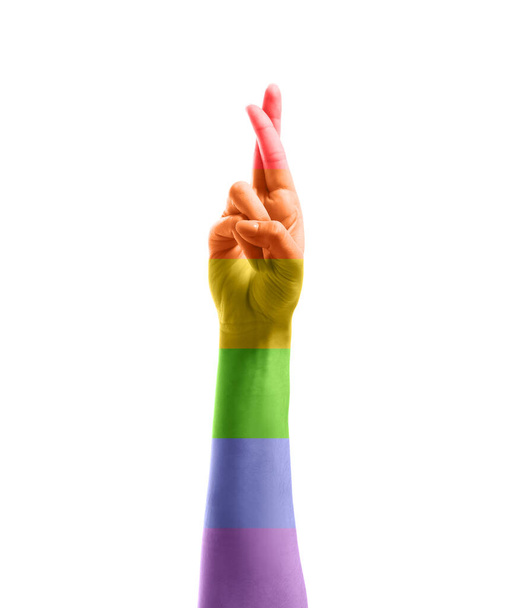 Weibliche Hand bemalt in den Farben der LGBT-Flagge auf weißem Hintergrund - Foto, Bild