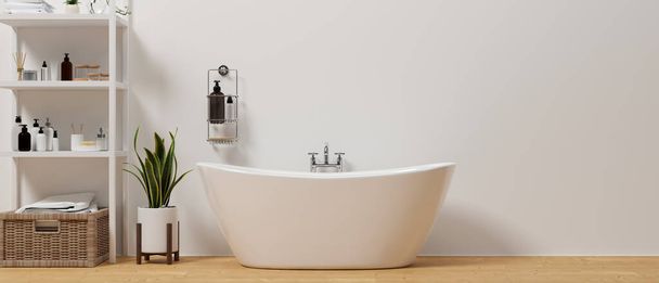 Современная минималистская ванная комната с роскошной ванной, стильные полки с банными принадлежностями, крытое растение на паркетном полу и полка для ванной комнаты на белой стене. 3D рендеринг, 3D иллюстрация - Фото, изображение