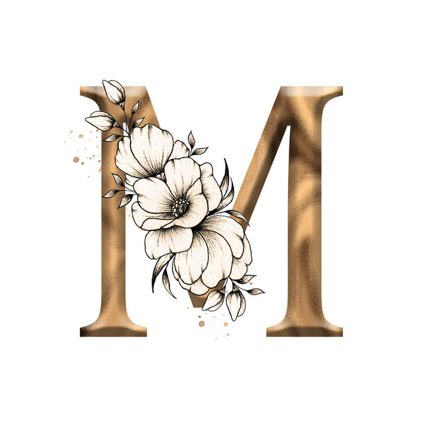 Graafinen kukka aakkoset, kulta kirjain M vintage kukkia kukkakimppu koostumus, ainutlaatuinen monogrammi alkuperäinen täydellinen häät kutsut, onnittelukortti, logo, juliste ja muut mallit  - Valokuva, kuva