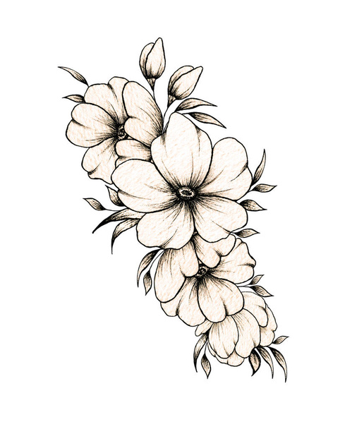 Elegancki ręcznie rysowane kompozycja kwiatowa z różnych dużych i małych kwiatów i liści izolowanych na białym tle, ciepły tusz rysunek monochromatyczny elegancki kompozycja kwiatowa w stylu vintage - Zdjęcie, obraz