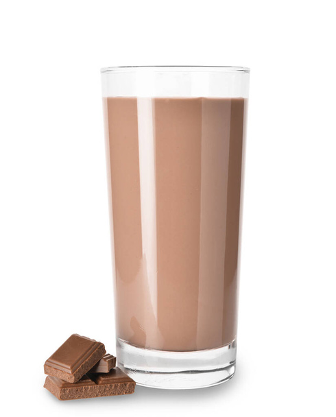 Glass of tasty chocolate milk on white background - Photo, Image