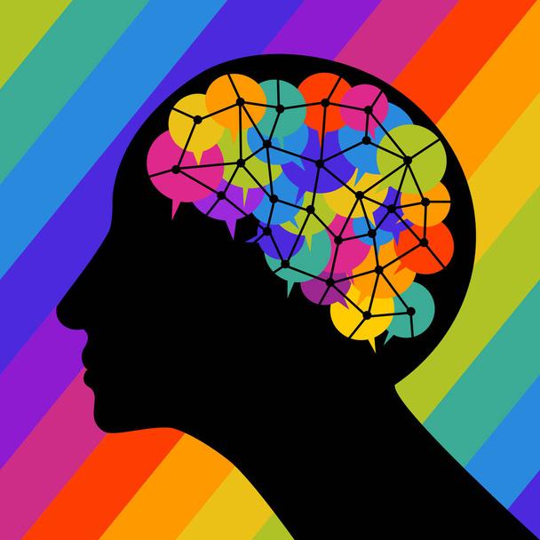 Концептуальная иллюстрация человеческого мозга, состоящего из цветных пузырьков связи - Вектор,изображение