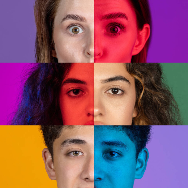 Vertical composite image of close-up male and female half of faces isolated on colored neon backgorund. Multicolored pieces. Concept of equality, emotions - Foto, Bild