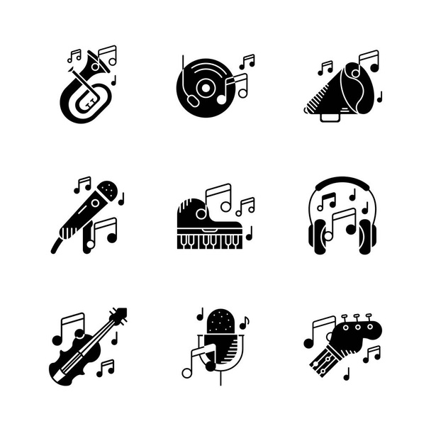 Set of 9 Musical instruments icon. Violin, Baritone tuba, Trumpet, piano, speaker guitar, musical notes and many icon sets. Entertainment and art icon illustration set. Silhouette icon set. - Vettoriali, immagini