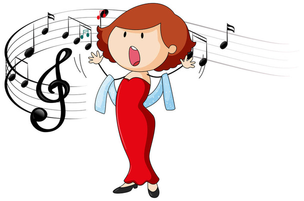 Doodle sarjakuvahahmo laulaja nainen laulaa musiikillinen melodia symboleja kuva - Vektori, kuva