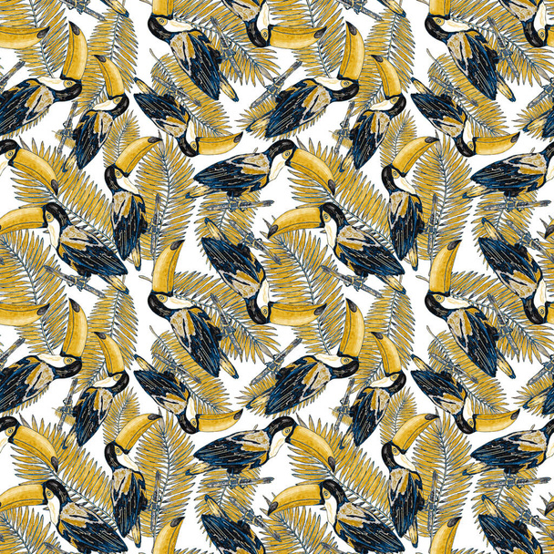 Akvarell zökkenőmentes minta toucan. Egzotikus botanikus dzsungel tapéta trópusi madár és levelek. Fényes nyári minta háttér. - Fotó, kép
