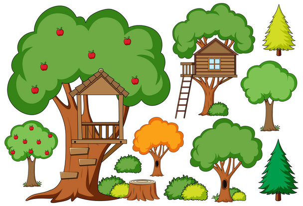 Набор декораций для сада с большой иллюстрацией к дереву - Вектор,изображение