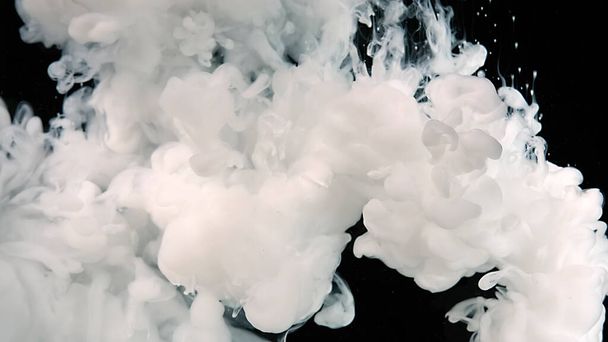 White watercolor ink in water on a black background. White watercolor paints in water. White cloud of ink on a black background. Meditative magic abstract background. Black and white art. - 写真・画像