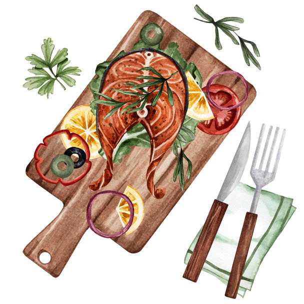 Watercolor illustration of a fish steak with lemon, tomatoes and herbs. A healthy dinner for a healthy diet. Beautiful food. Restaurant dish. Suitable for decorating restaurants, cafes, menus, etc - Фото, зображення