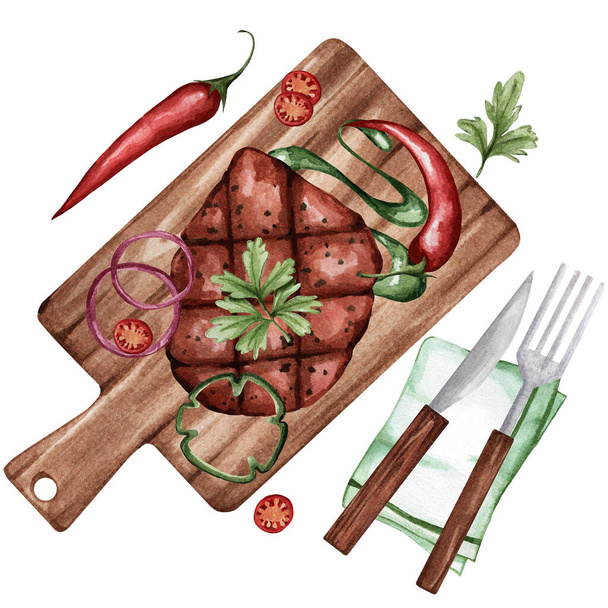 Watercolor illustration of meat steak with pepper, vegetables and herbs. A healthy dinner for a healthy diet. Beautiful food. Restaurant dish. Suitable for decorating restaurants, cafes, menus, etc. - Valokuva, kuva