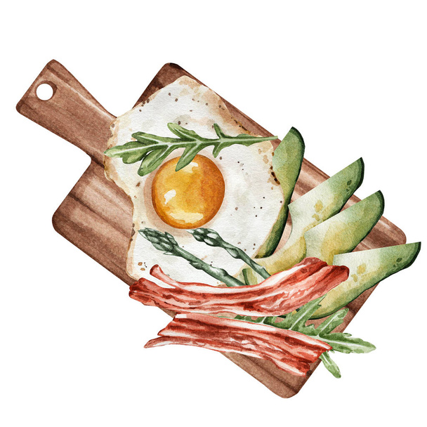 Watercolor illustration of scrambled eggs with bacon and herbs. A healthy breakfast for a healthy diet. Beautiful food. Restaurant dish. Suitable for decorating restaurants, cafes, menus, etc - Фото, зображення