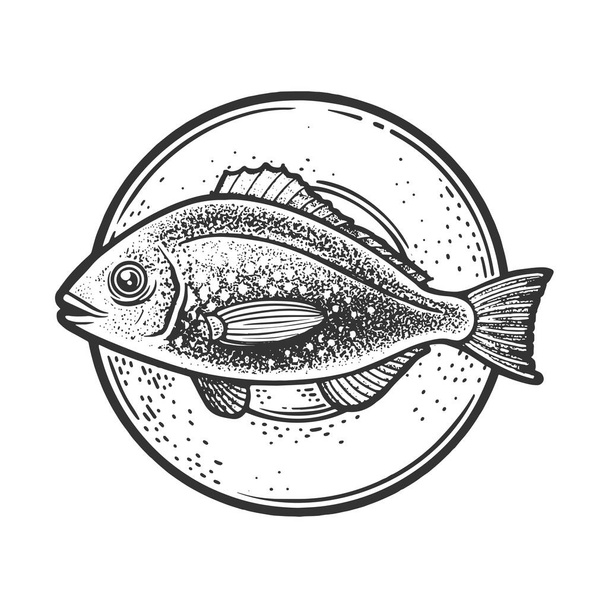 Gilt head bream dorada fish on plate sketch engraving vector illustration. Sea food restaurant. T-shirt apparel print design. Scratch board imitation. Black and white hand drawn image. - Wektor, obraz