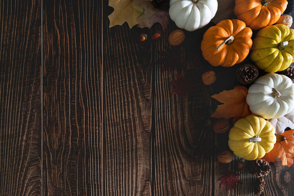Happy Thanksgiving Day with pumpkin and nut on wooden table - Photo, Image