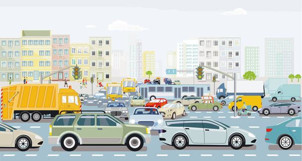 Suuri kaupunki, jossa liikenneruuhka ja joukkoliikenteen kuvitus - Vektori, kuva