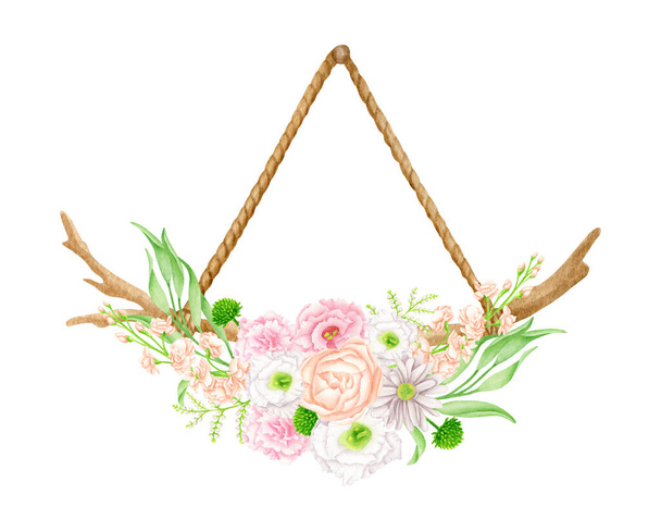 Watercolor hanging floral decoration. Hand drawn wood branch on rope with flowers and leaves. Wedding wall decor illustration isolated on white. Wooden stick, rustic natural design, eco decor. - Photo, Image